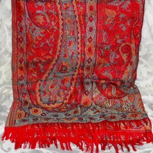 Naturally Knotty Red/Orange Silk Paisley Fringed Scarf/Wrap